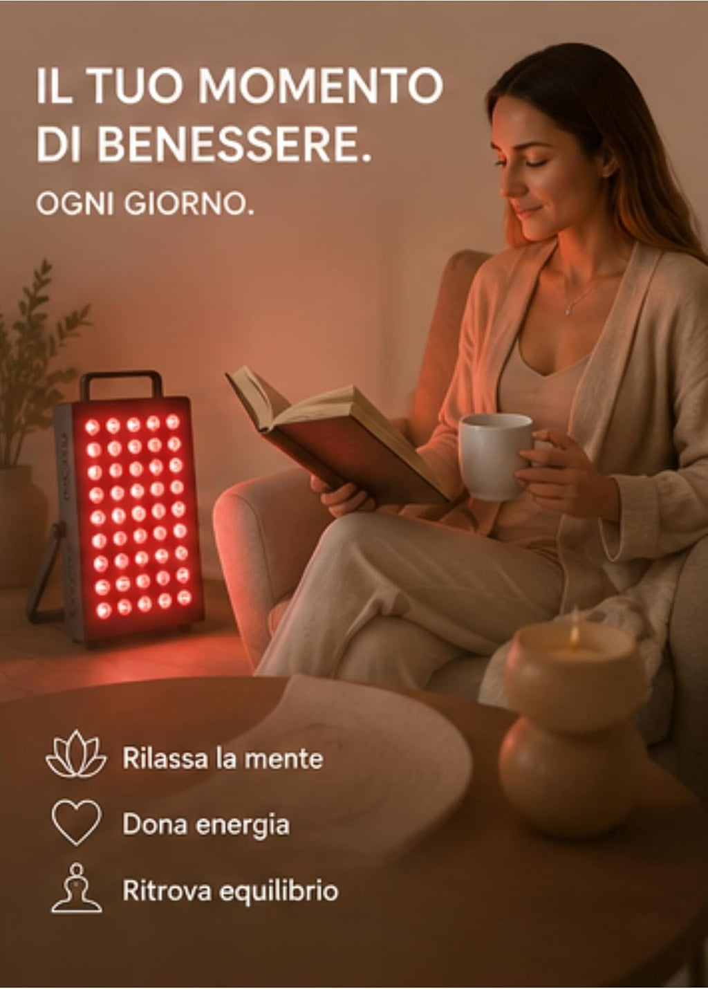 Lampada per terapia a luce rossa, 60 LED con tecnologia a 4 chip, 4 lunghezze d'onda (630 nm, 660 nm, 850 nm, 940 nm), intensità regolabile e timer, lampada a infrarossi per recupero muscolare