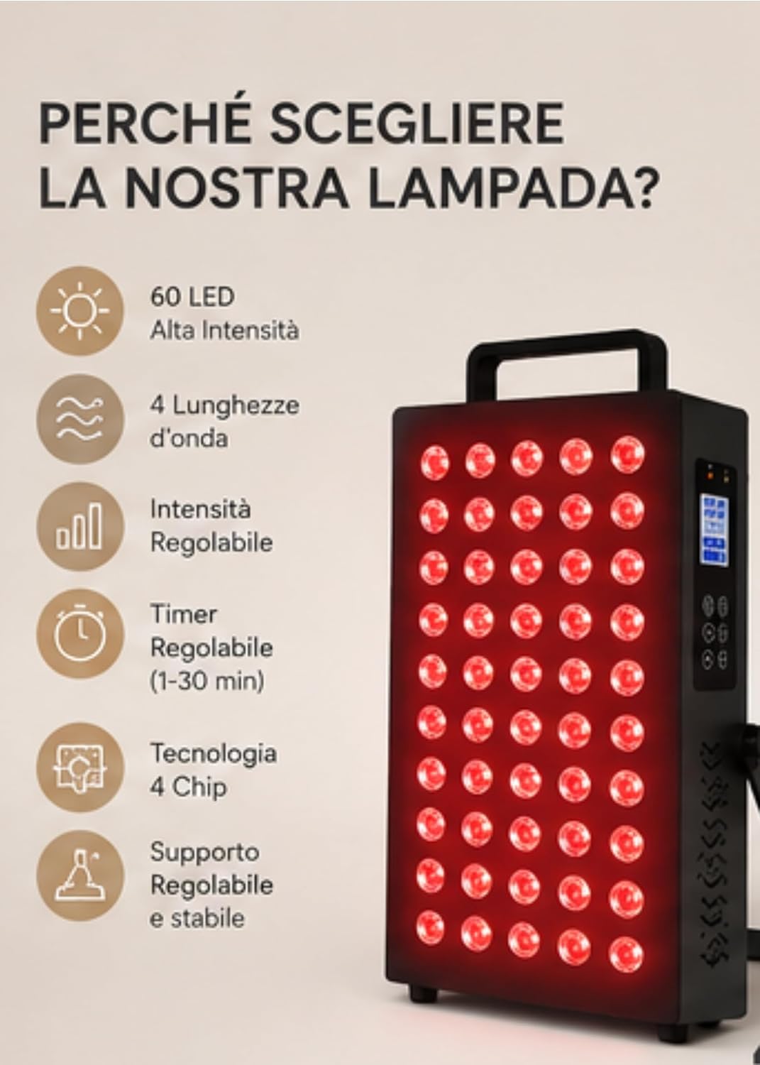 Lampada per terapia a luce rossa, 60 LED con tecnologia a 4 chip, 4 lunghezze d'onda (630 nm, 660 nm, 850 nm, 940 nm), intensità regolabile e timer, lampada a infrarossi per recupero muscolare